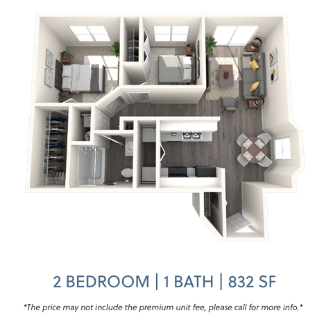 Floor plan for 2 beds, 1 bath, 832 sqft